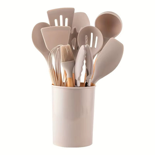 1 Set Kitchen Utensil Set, Silicone Cookware Set, 12Pcs Silicone Kitchen Utensil Set, Wooden Cooking Utensils, Kitchen Gadgets,